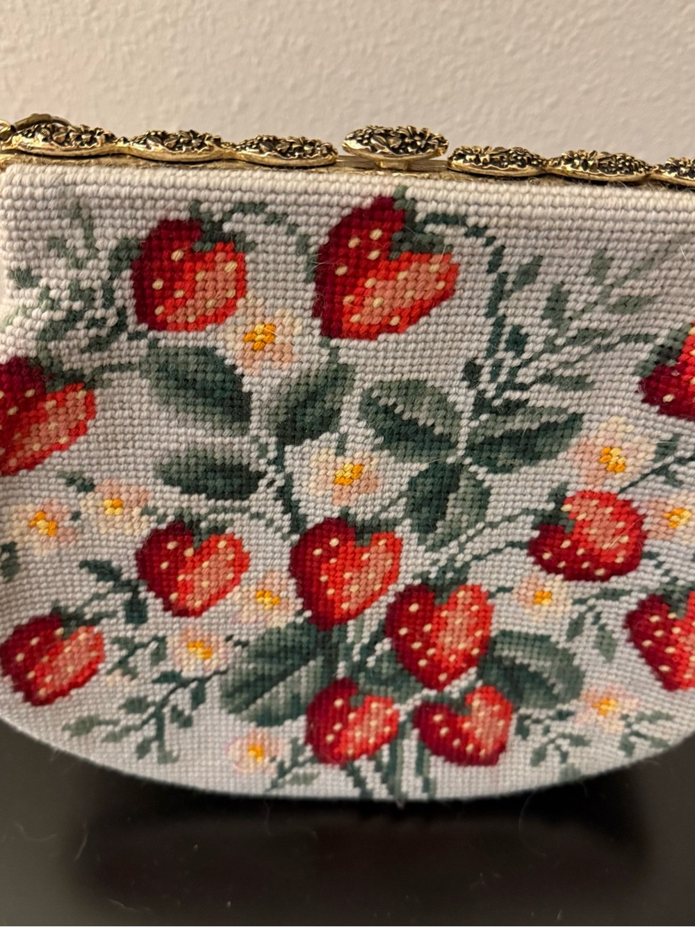 Vintage Needlepoint Strawberry Wristlet Clutch - Red & Cream